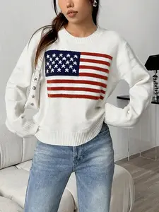 Women's American Flag Sheer Loose Cotton Knit Sweater - Long Sleeves, Round Neck, Casual Autumn Winter White Ethnic Everyday Fit Tops